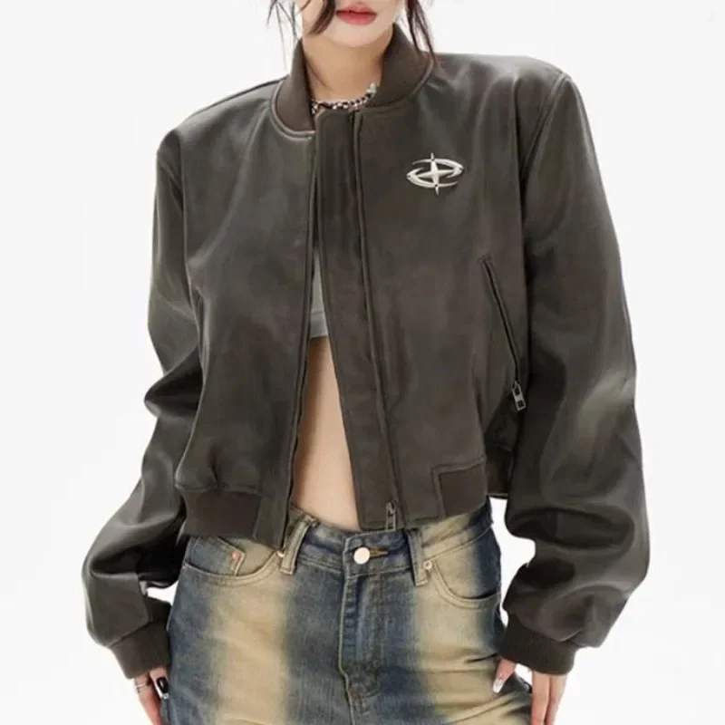 

HOUZHOU Vintage Cropped Leather Rider Jacket Women Bomber Moto Biker Zipper Jackets Grunge Y2k Fashion Streetwear Autumn Winter