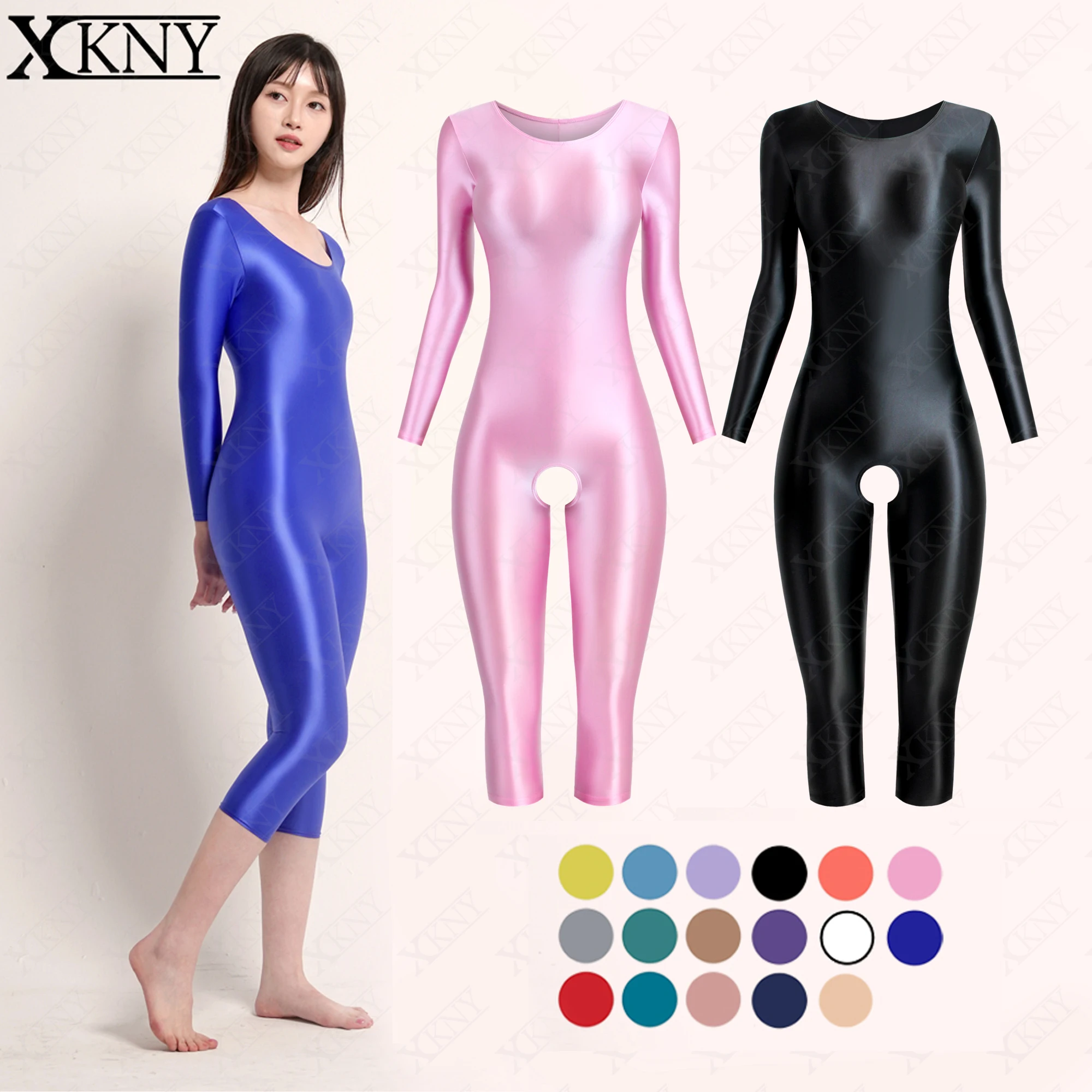 

XCKNY Satin tights silk oil glossy bodysuit long sleeved seven point pants bodysuit can open crotch yoga fitness swimming suit