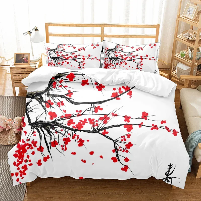 Japanese Duvet Cover Branch of A Flourishing Sakura Tree Flowers Cherry Blossoms Spring Art Polyester Bedding Set Full/King Size