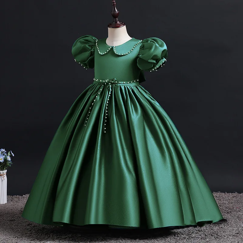 

2023 3-8 Y Girls Dresses Elegant Birthday Prom Cute Pearls Casual Dress Puff Sleeve Princess Formal Round Neck Ball Gown