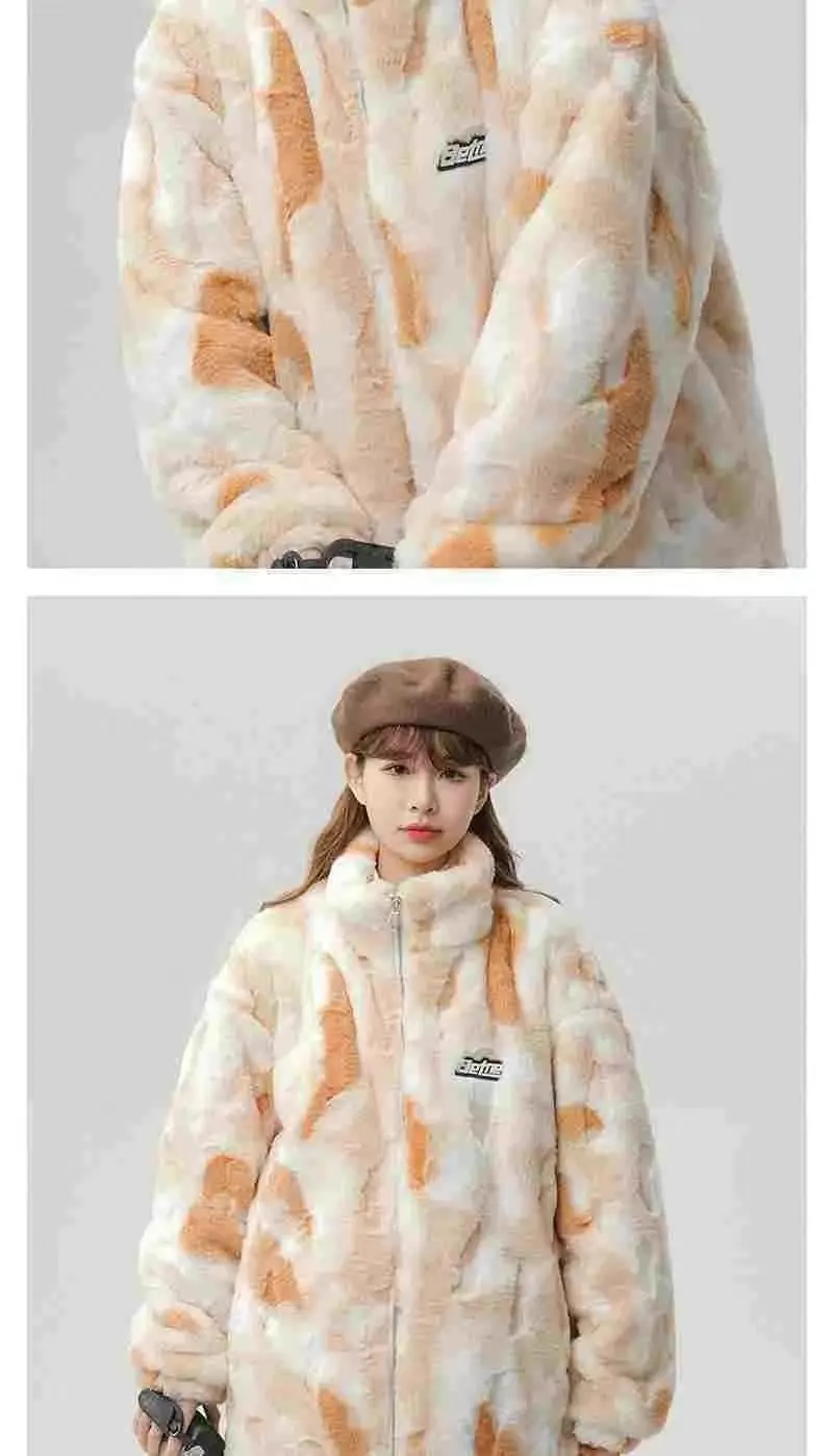 Tie dye Lamb wool Coat 2025 New Winter Trendy Student Cotton Jacket Thicken Loose Stand collar Coats Female Warm Parka Overcoat