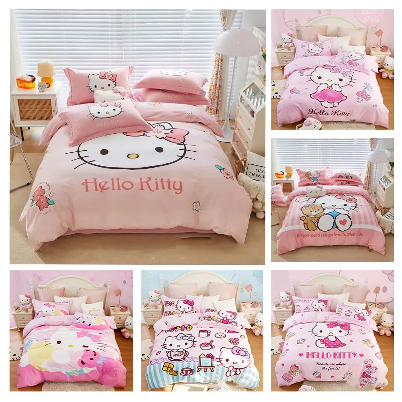 4Pcs Suit Sanrio Pure Cotton Bedding Hello Kitty Cartoon Anime Girls