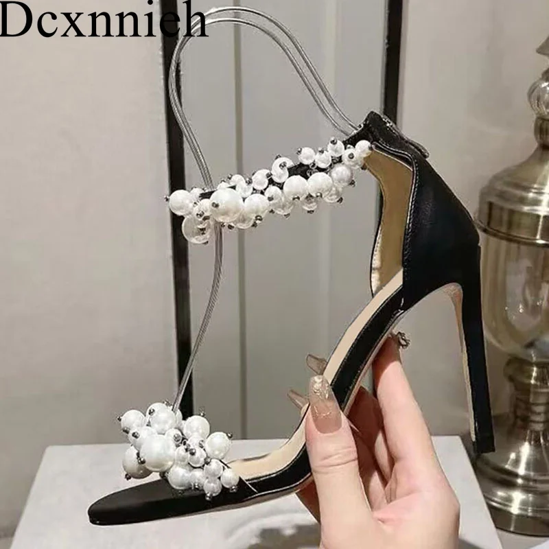 

Women Ankle Strap Pearl Decor Sandalias Genuine Leather Thin High Heels Peep Toe Sandals Summer Sexy Pumps Party Dress Shoes
