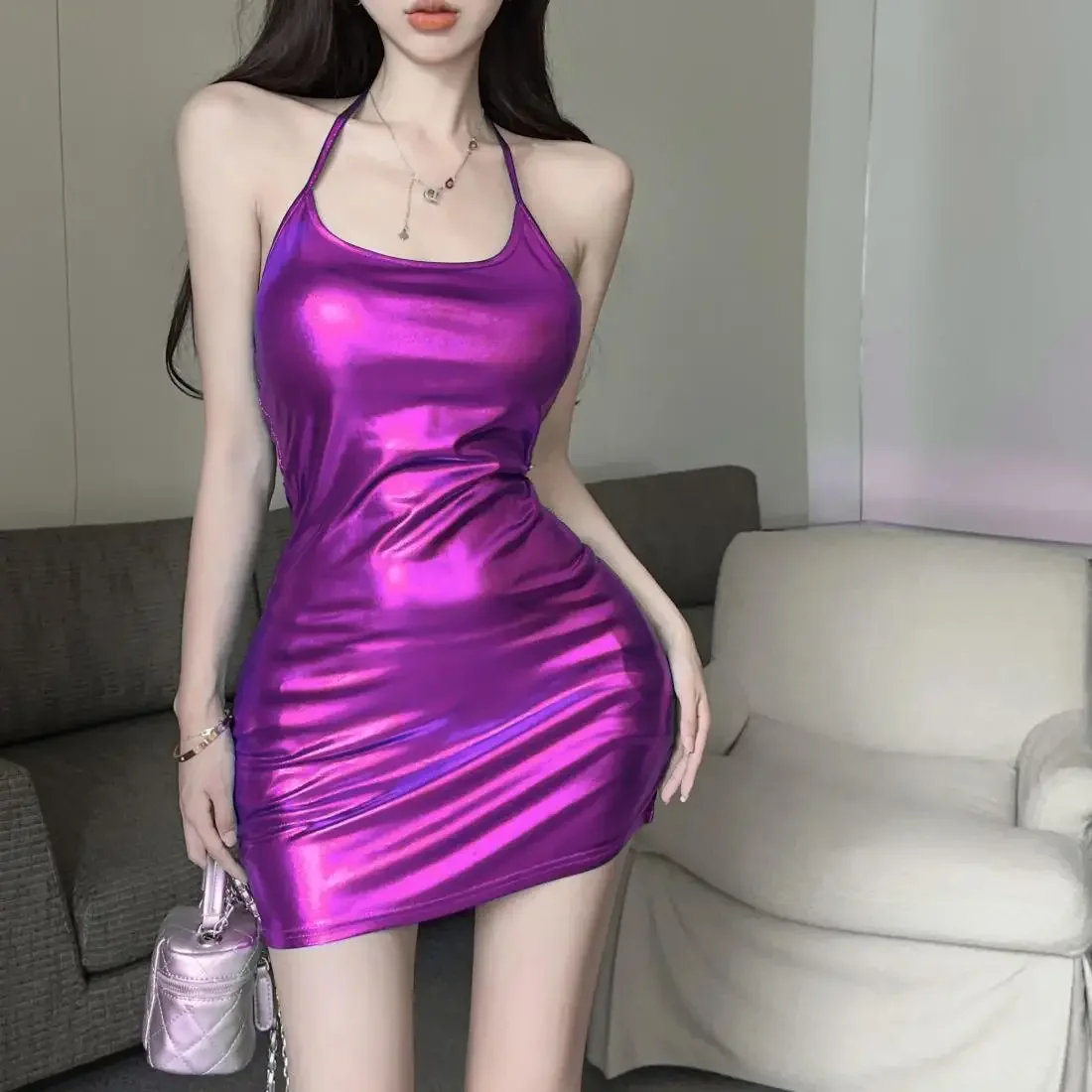Vestido Mujer Mini Bodycon Sin Mangas - Negro, Poliéster Elástico, Para Fiesta, Cóctel Y Noche