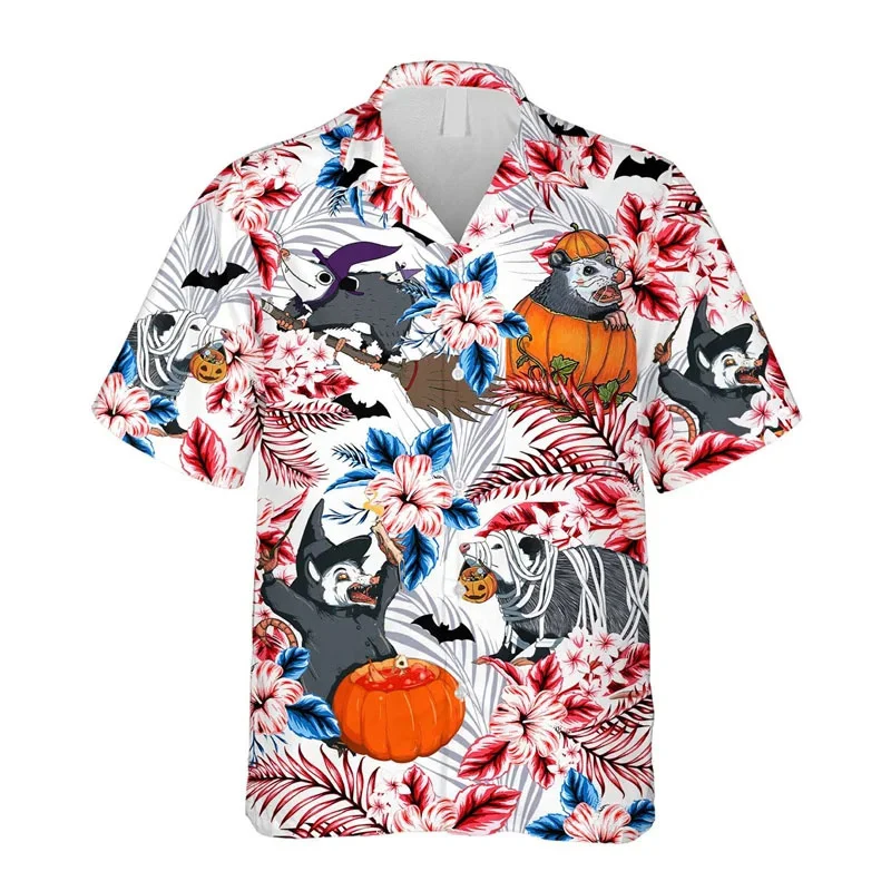 thumbnail image 1 of Camisa hawaiana con estampado 3D de gato y mapache para hombre, blusa con estampado de plantas y animales, blusa de moda con solapa y botones, camisetas Aloha de manga corta, 1 of 5