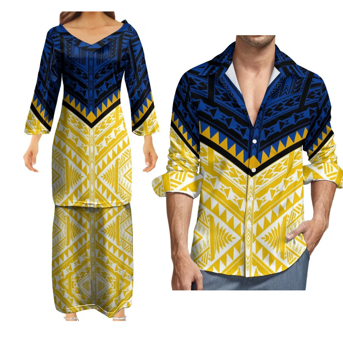 

Женское платье из двух частей Puletasi с V-образным вырезом, полинезийский Племенной дизайн с мужской рубашкой с длинным рукавом, костюм для пар 9xl