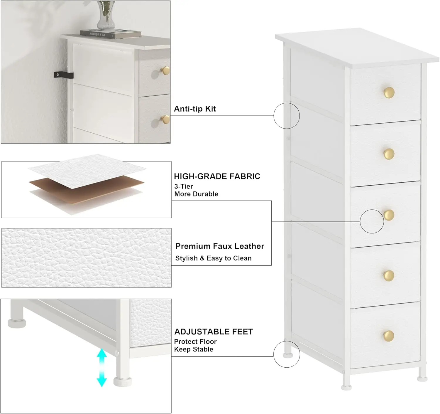 Narrow Dresser Cabinet. Slim Chest of Drawers. 5 Drawers. Fabric Unit. For Bedroom, Bathroom. White.