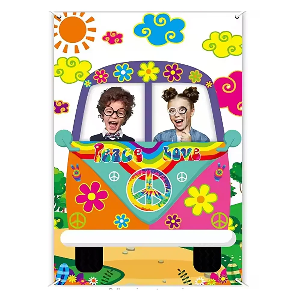 Toile De Fond Photo Bus Hippie 180x150cm - Décoration De Fête Psychédélique Pour Anniversaire, Photomaton, Mariage