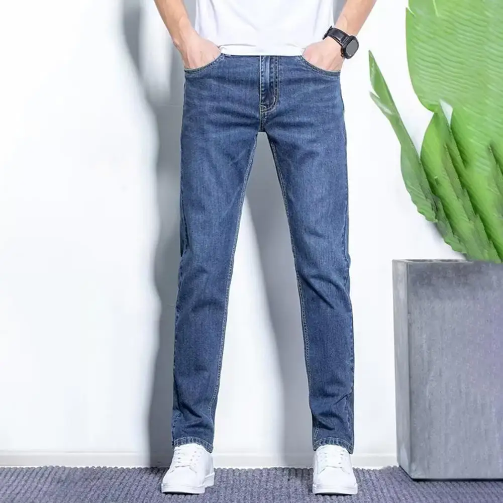 

Men Jeans Mid-rise Button Zipper Closure Denim Pants Solid Color Small-Legged Distressed Long Jeans With Pockets