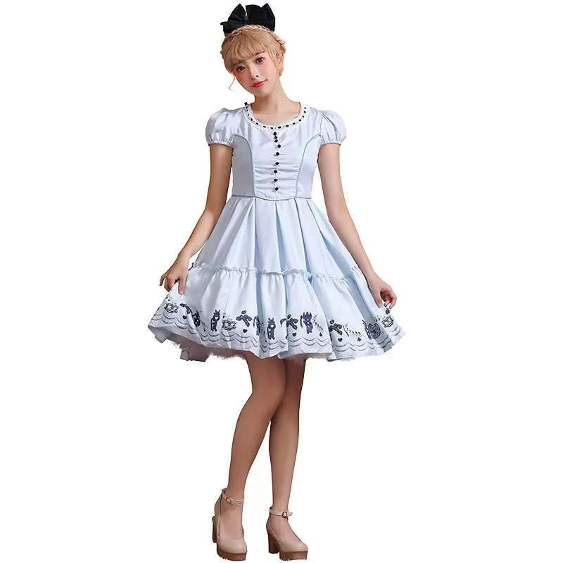 

Light Blue Women Princess Alice Cosplay Female Halloween Maid Costumes Purim Carnival Parade Role Play Stage Showing Party Dress