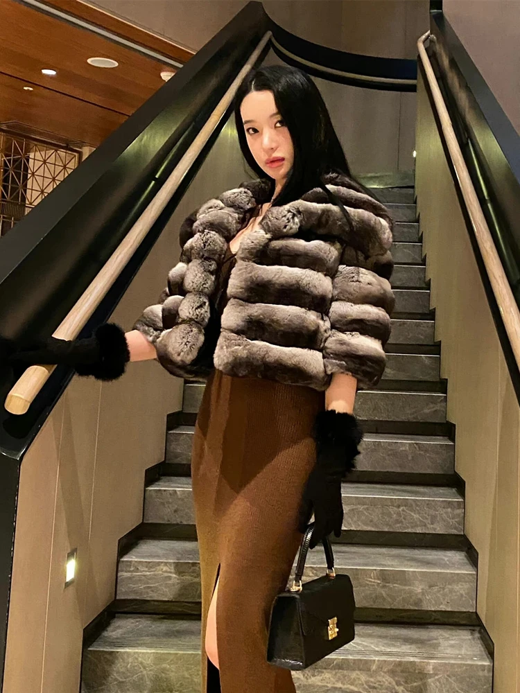 Luxury Black and Gray Short Fur Coat Female 2023 Fall Winter New Korean Style Fashion Lapel 3/4 Sleeve Faux Fur Coat Women