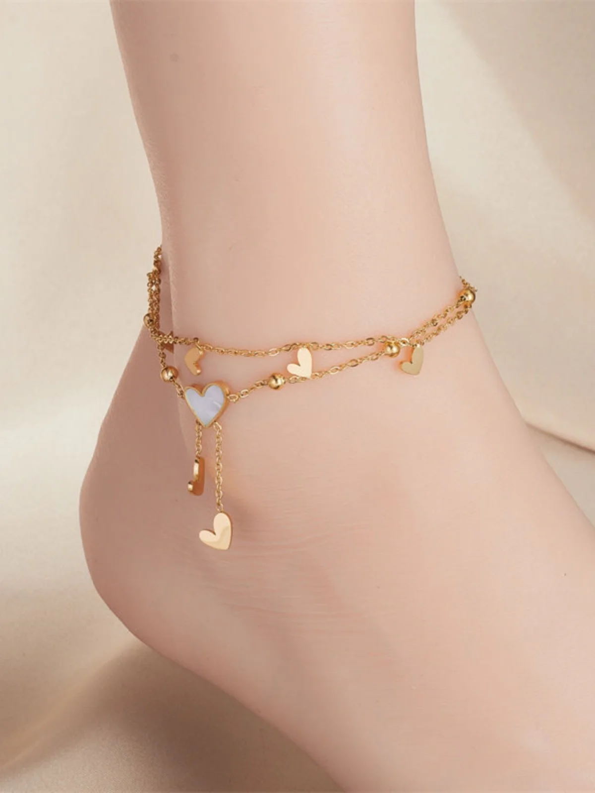 ANENJERY 316L Stainless Steel Double Layer Heart Tassel Ankle Bracelet  for Women Fashion Simple Beach Anklet Jewelry Accessory
