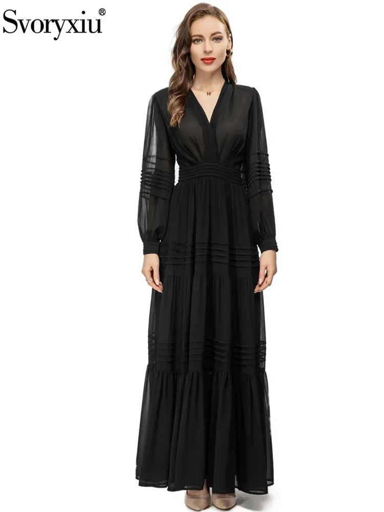 

Svoryxiu Designer Runway Spring Summer Vintage Black Color Ankle-Length Dress Women's Lantern Sleeve High Waist Ruffles Dress