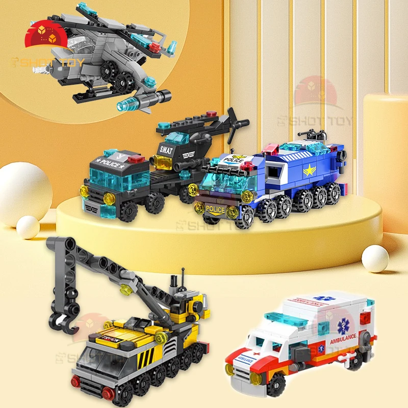 

SHOT 6IN1Children Building Blocks City Fire Car Police Truck Engineering Crane Tank Helicopter Bricks Set Toys for Children Kids