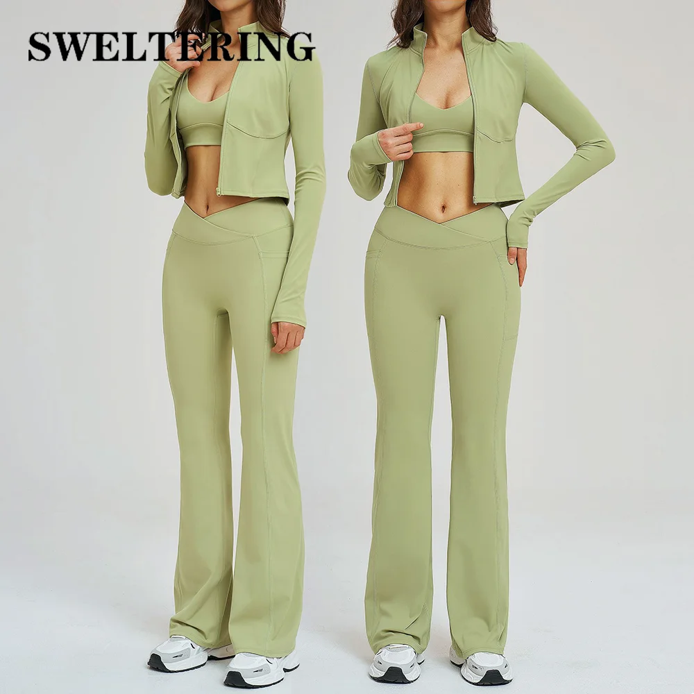 Ensemble de yoga 3 pièces pour femmes, vêtements de sport, ensemble de tenue de sport, vêtements de fitness féminins, leggings à taille haute à fermeture éclair, manches longues, combinaison de sport 1 Ensemble de yoga 3 pièces pour femmes, vêtements de sport, ensemble de tenue de sport, vêtements de fitness féminins, leggings à taille haute à fermeture éclair, manches longues, combinaison de sport 1