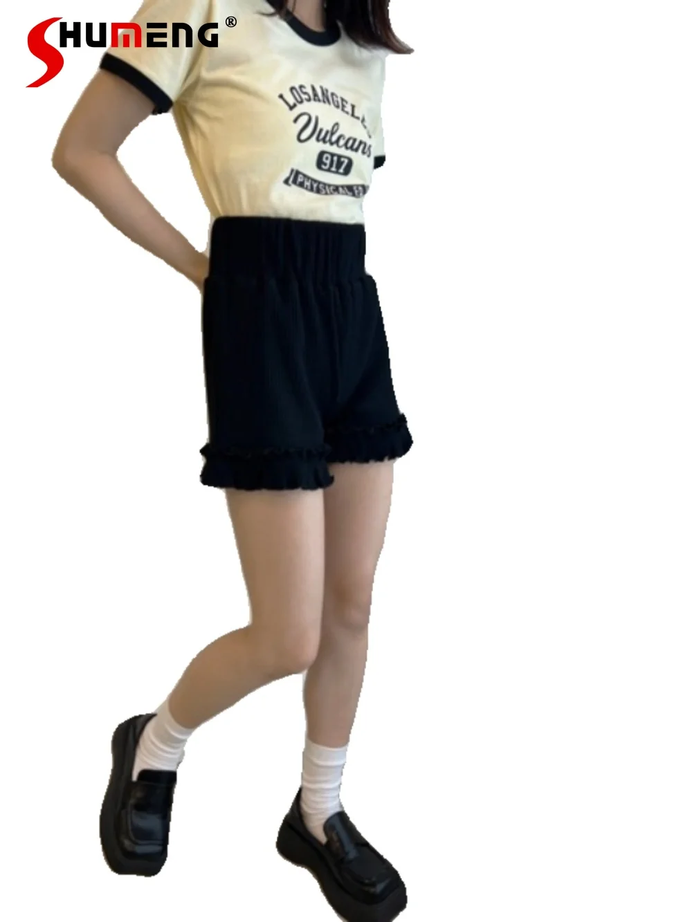 Sweet High Waisted Ruffled Hem Black Shorts for Women 2024 New Japanese Style High Elastic Cotton Solid Color Short Pants Female