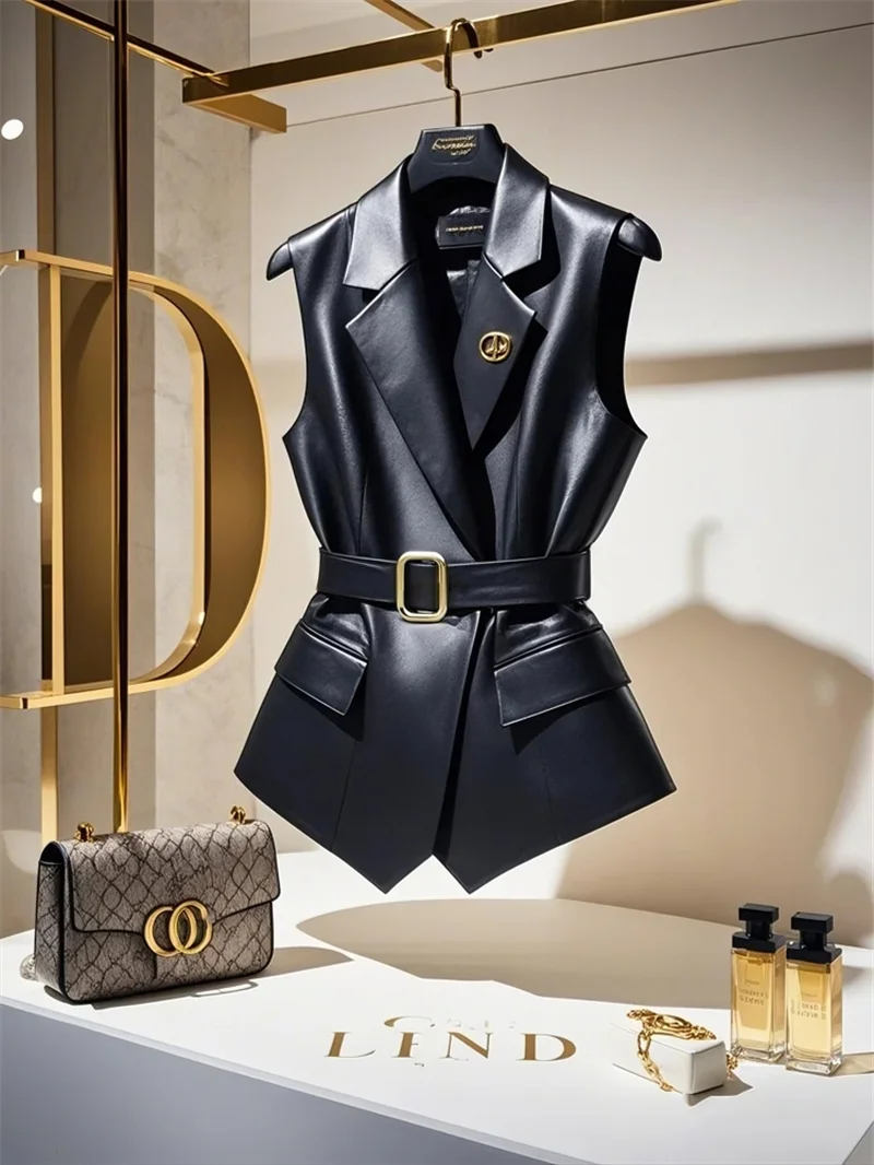 Description Picture 5 of itemLimiguyue Black Leather Vest Coat Women Fashion Belt Brooch Sleeveless Vest Jacket Spring Summer Layered Tank Tops High End 924P