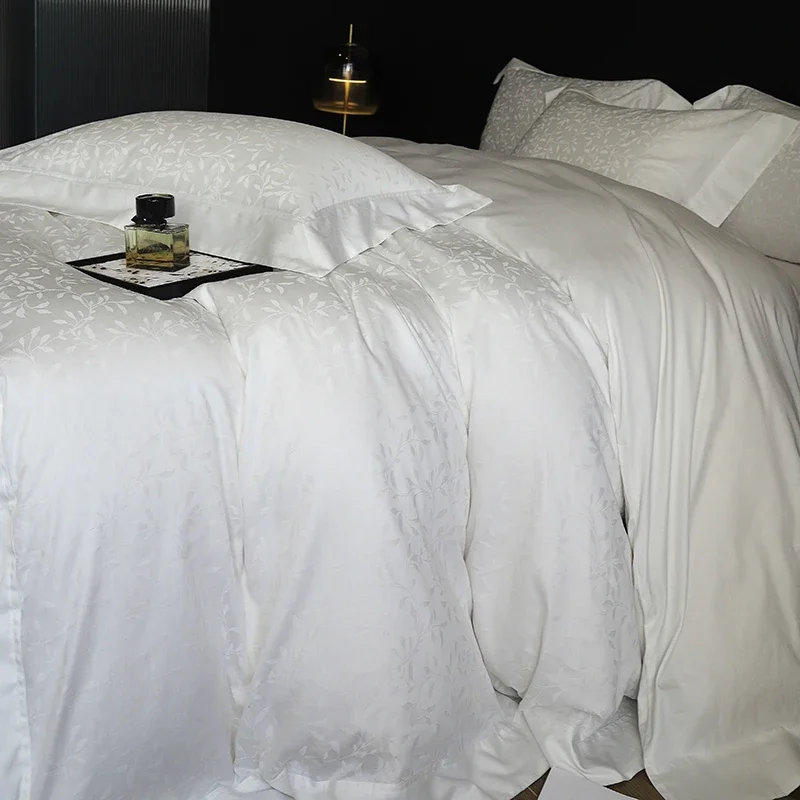 1000TC Egyptian Cotton Satin Jacquard Bedding Set, Luxury Silky Soft Duvet Cover, Flat/Fitted Bed Sheet Pillowcases 4Pcs