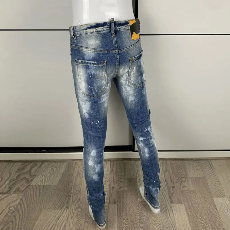 Street Fashion Men Jeans High Quality Retro Washed Blue Stretch Slim Fit Ripped Jeans Men Painted Designer Hip Hop Brand Pants