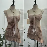 ISAROSE 2025 Mesh Camisole for Women Stretch Casual Tie Dyeing Braless Sleeveless Adjustable Straps Asymmetrical Ruffle Tops - Image 4