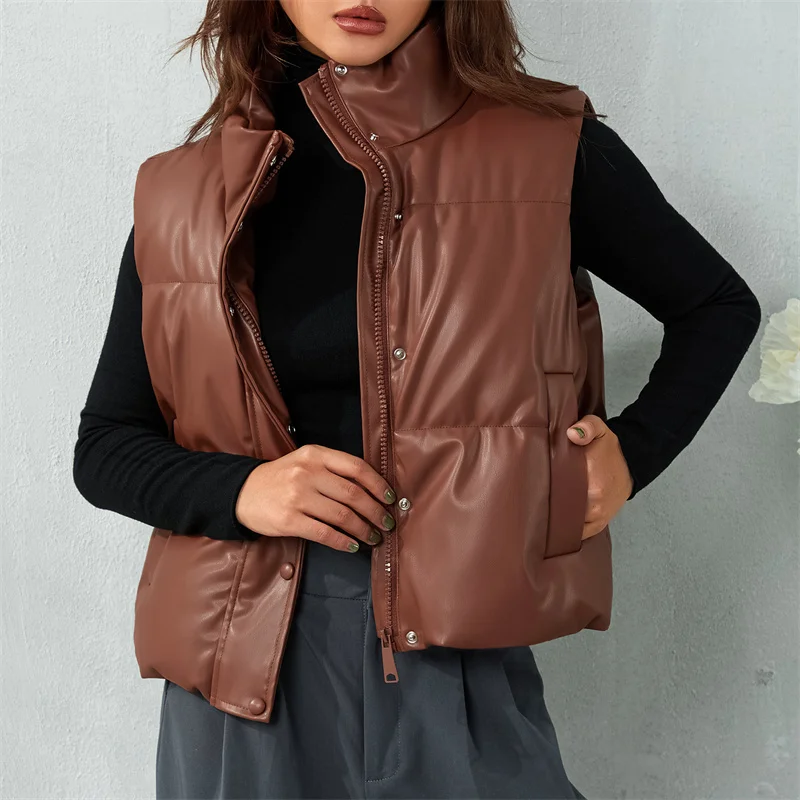 

Female Fashion Street Waistcoats Solid Autumn Winter Warm PU Vests Women Sleeveless Stand Collar Buttons Zip Up Tops Outwear