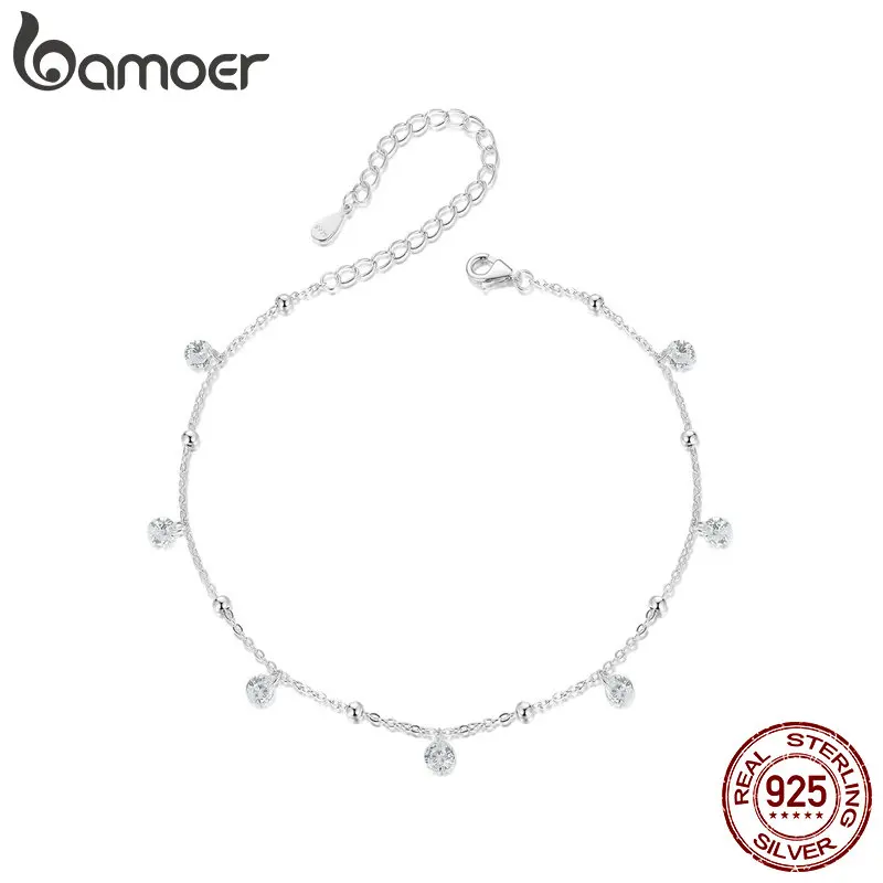BAMOER Dazzling Zirconia Anklet 925 Sterling Silver Chian Bracelet for Leg Female Foot Jewelry For Women Leg Chain Fine Jewelry