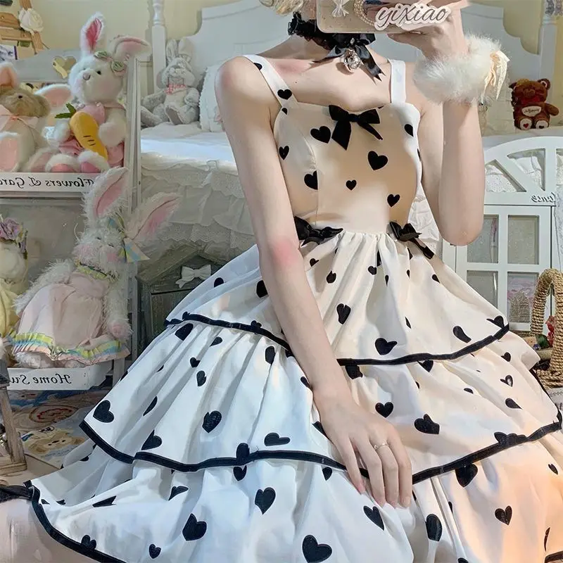 

Dress Plus Size Sleeveless High Waist Spaghetti Strap Dresse Hearted Print Princess Dress Summer Lolita Women