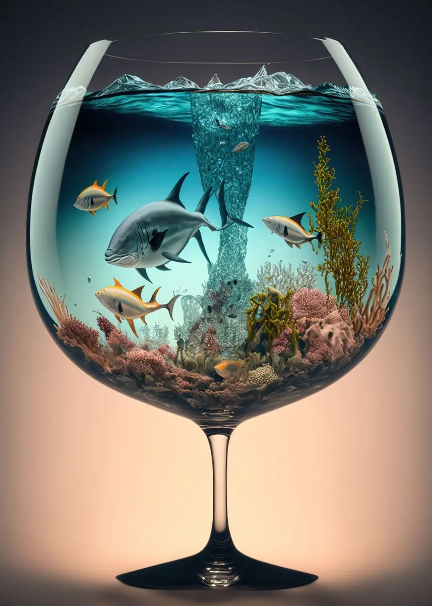 thumbnail image 1 of Póster de arte de fantasía con diseño de acuario dentro de una taza, impresión en lienzo, decoración de pared con peces de acuario, decoración estética para el hogar y la barra, 1 of 5