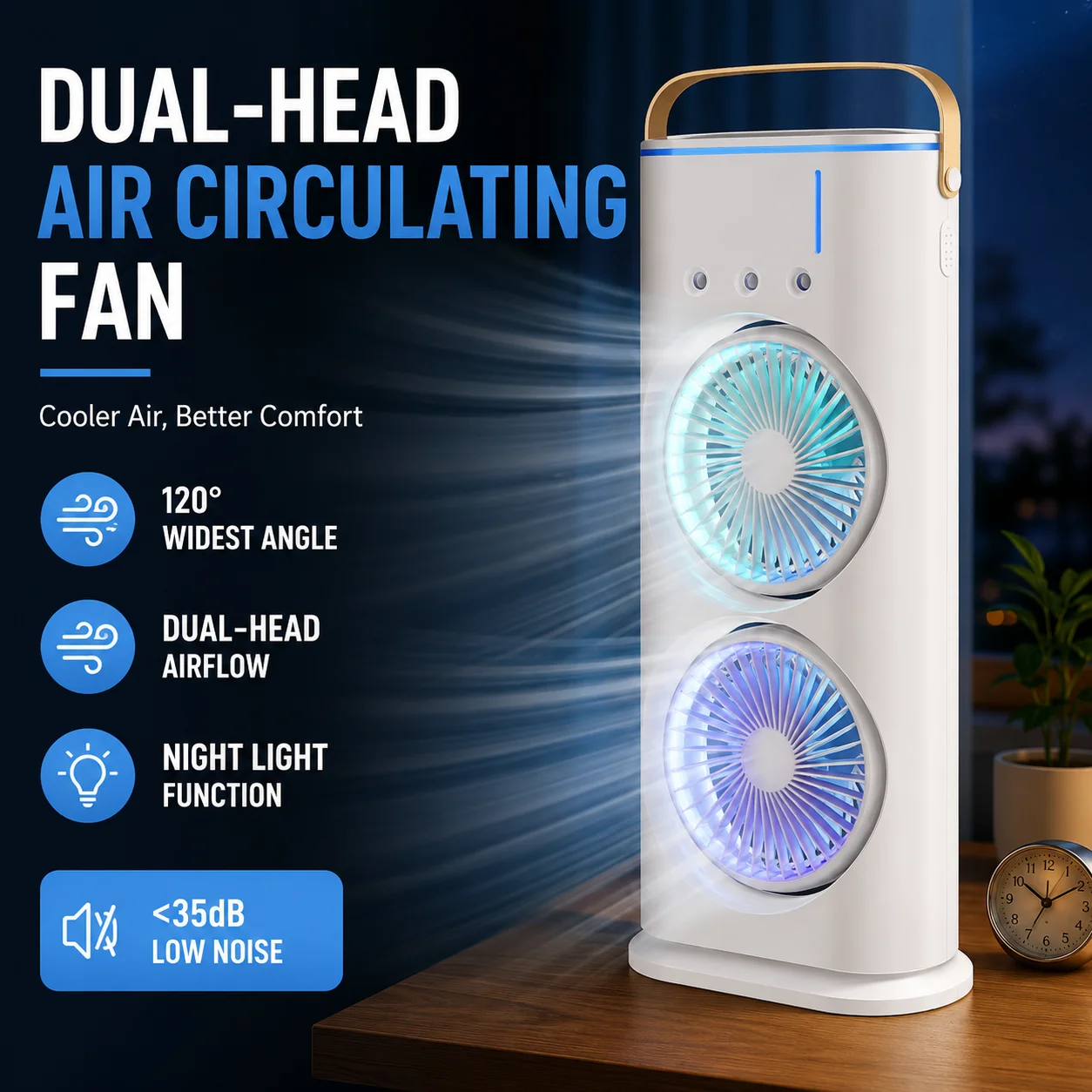 3 in 1 Dual-head Fan AIr Conditioner Household Air Cooler LED Night Light Portable Humidifier Air Adjustment Fan Office Home Fan