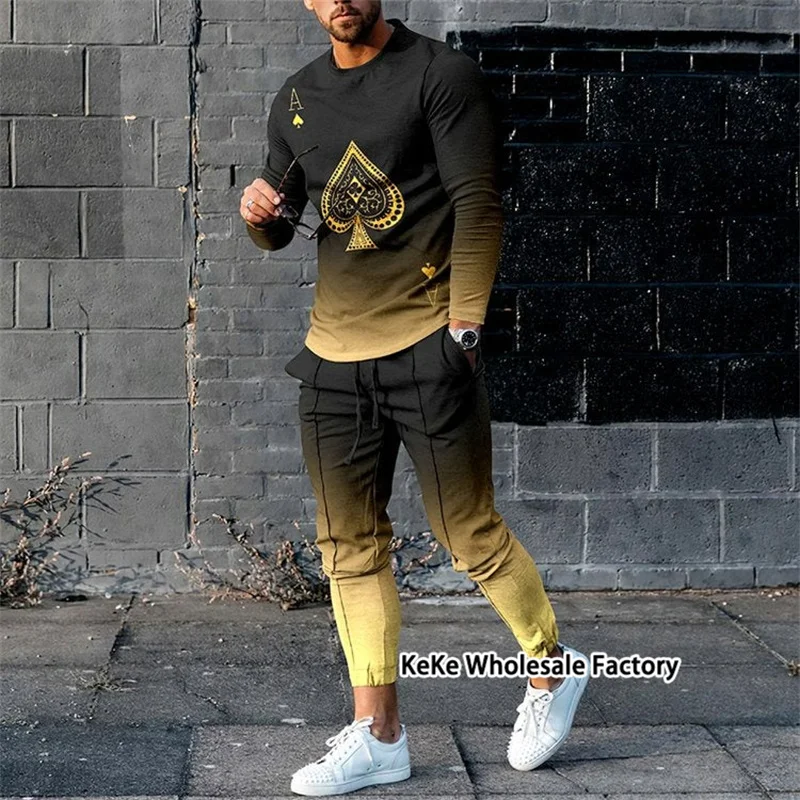 

Autumn Men's Tracksuit Fashion Poker 3D Print Long Sleeve T-Shirt+Trousers Set 2 Pcs Male Jogger Suit Streetwear Clothes Outfits