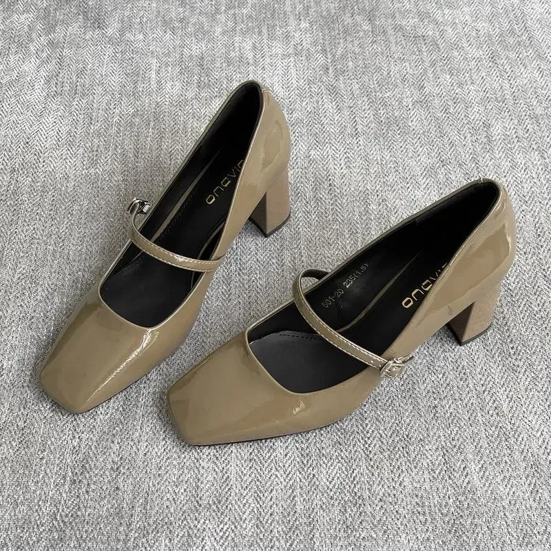 ZZ107 Thick Heel Simple Square Head Leather Mary Jane Small Leather Shoes 2024 Women's New One-word with High Heels Single Shoes 3