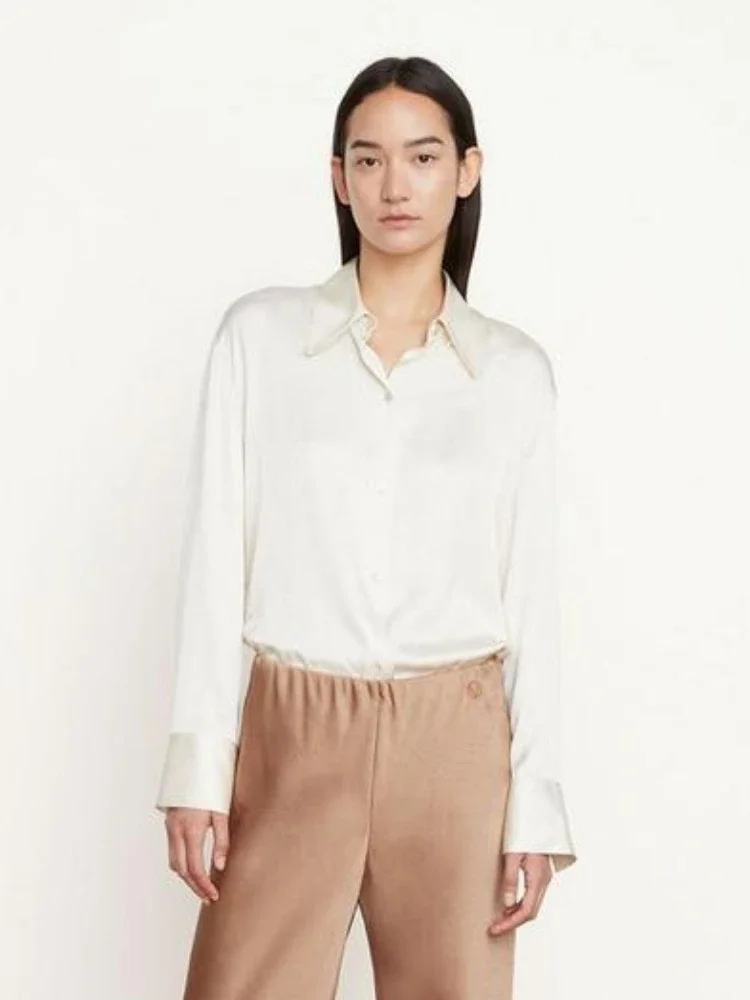 

Новинка весна-лето 2024, Женская однотонная шелковая рубашка с длинным рукавом