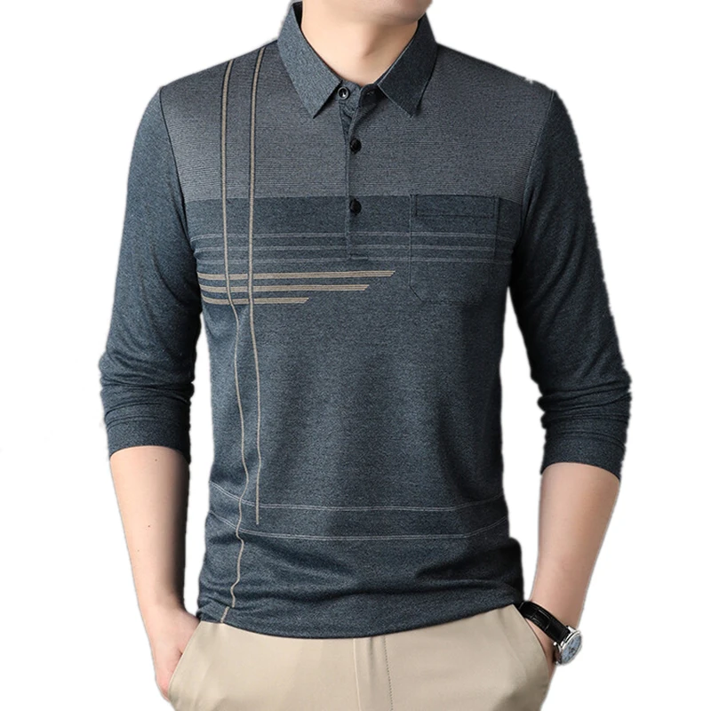 

Зима 2023, мужская вязаная рубашка-поло, имитация двух предметов, топ с длинными рукавами и лацканами, в полоску, удобная и теплая мужская одежда