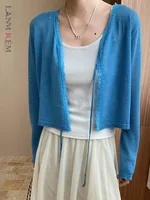 [LANMREM] Casual Lace Strap Cardigan For Women Solid Color Sunscreen Knitted Female Top 2025 Spring Summer New 26A1351 1