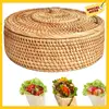 A96K-Round Rattan Boxes With Lid Hand-Woven Multi-Purpose Wicker Tray 10.2Inch Picnic Food Bread Table Storage Basket 1