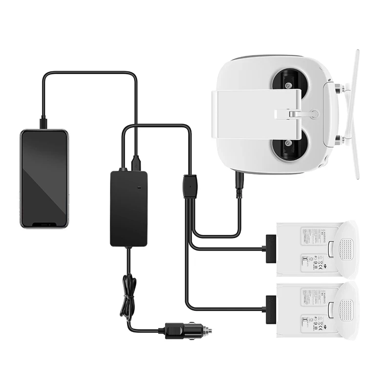 Batterie DJI Phantom 4 insérée dans le chargeur rapide 3-en-1 pour voiture, prête à recharger