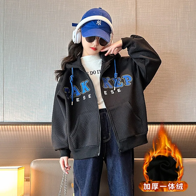 

Toddler Girl Winter Clothes Hoodies Jacket Junior Girl Letter Coat Kid Drawstring Jacket Teenager Girl Plus Velvet Hooded Cotton