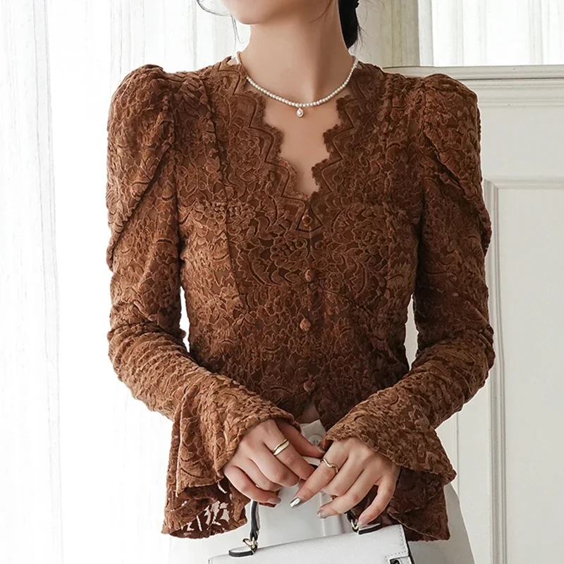 

Vintage Flare Sleeve V-neck Lace Shirts Women Elegant Crochet White Blouse Woman Korean Chic Sweet See Through Sexy Tops 29561