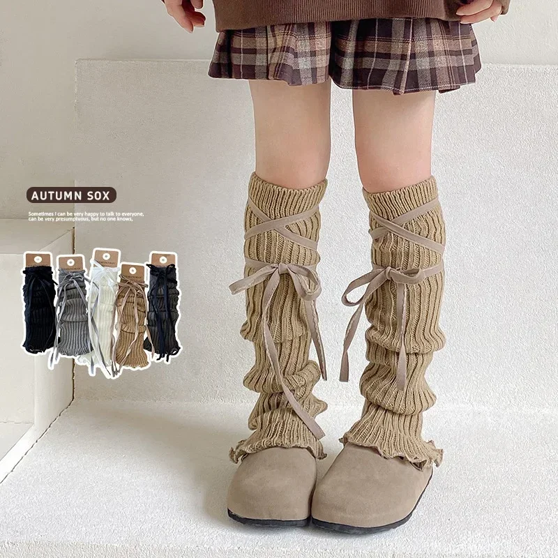 1 Pair Fashion School Pile Sock for Kids Girl Creative Design Bow Cross Strap Children Leg Warmers Autumn Winter Warm Sock
