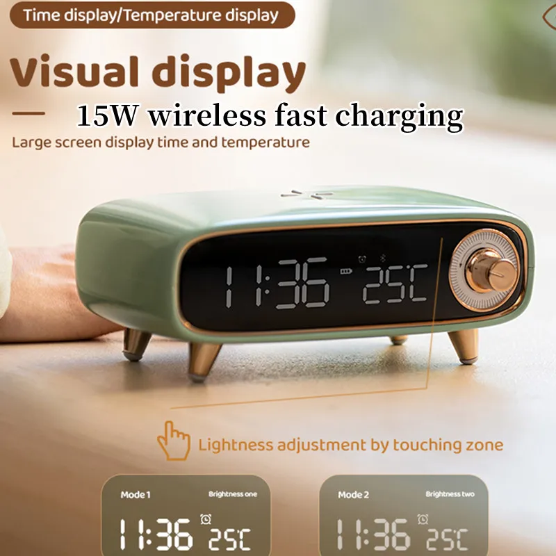 

Caixa de somClock alarm bluetooth speaker 15W wireless fast charging six in one bedside charging night light temperature speaker