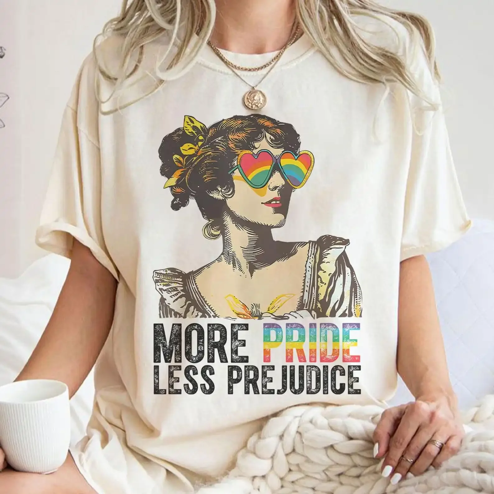 More Pride Less Prejudice Print Women Round Neck Shirt Pattern Printing Summer Women's T-Shirt Short Sleeve 1