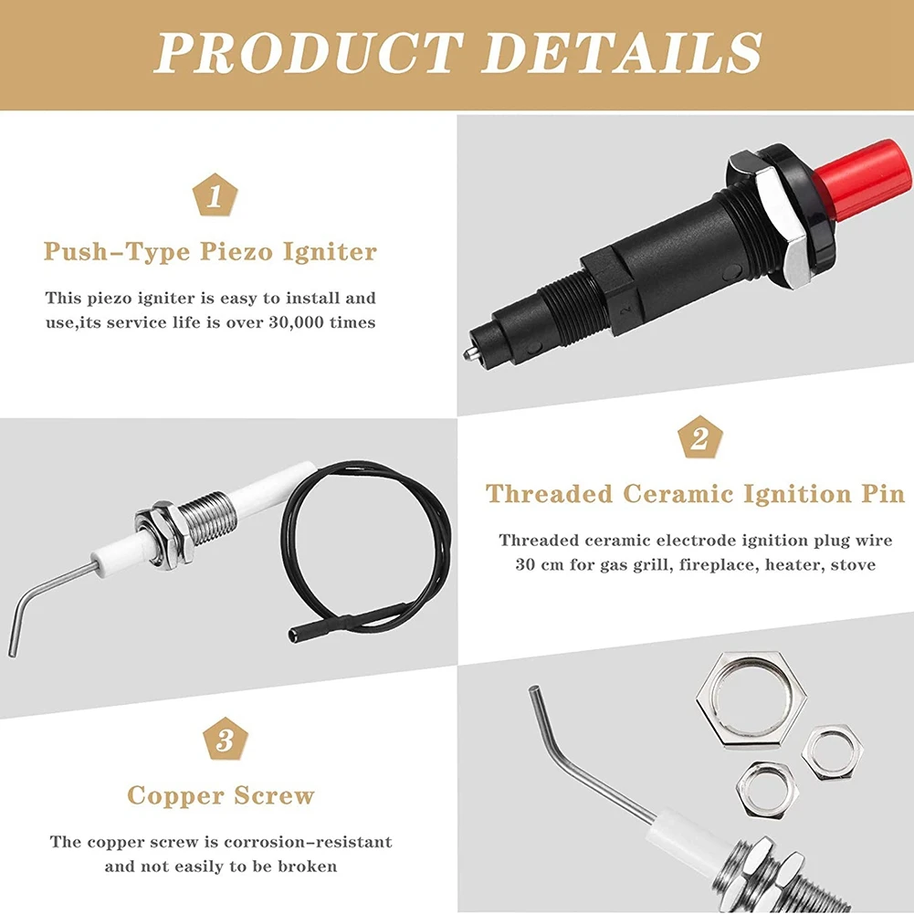 4 Pieces Propane Push-Type Piezo Igniter Kit with Threaded Ceramic Electrode Ignition Plug Wire 30 cm for Gas Grill