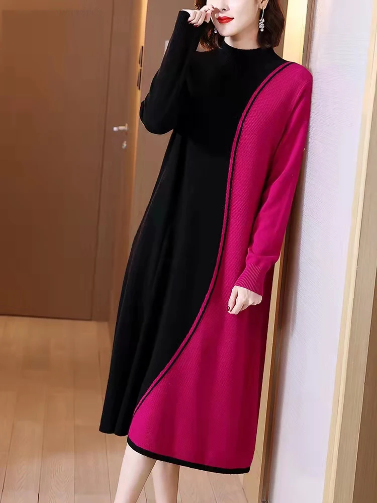 

Retro Color blocked knitted Sweater Dress For Women Clothing Autumn Winter 2023 New Fashion Splicing Knit Large Size Dress bd717
