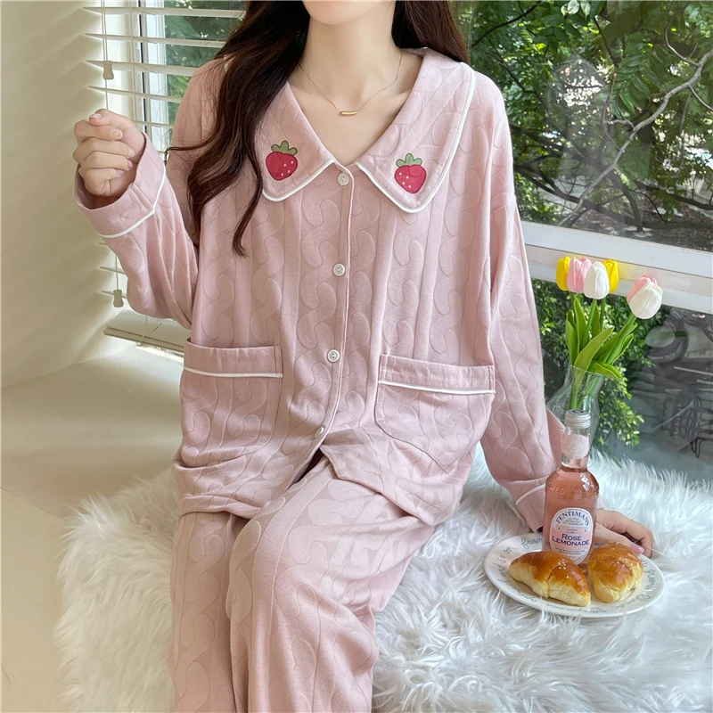 Autumn new pajamas women's milk silk jacquard lapel open chest casual sweet can be worn outside the home clothes 2-piece set
