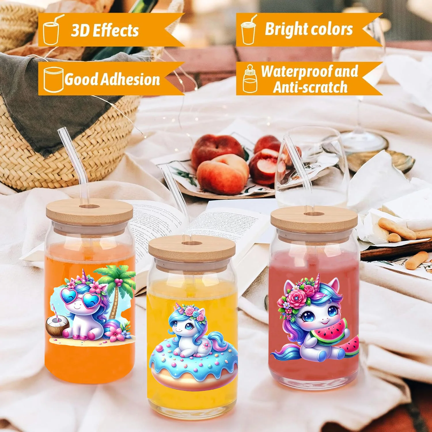 Colorful Unicorn Series easy peel waterproof DIY Decals Retro Beauty 3D transfers uvdtf crystal sticker 16oz uv dtf cup wraps