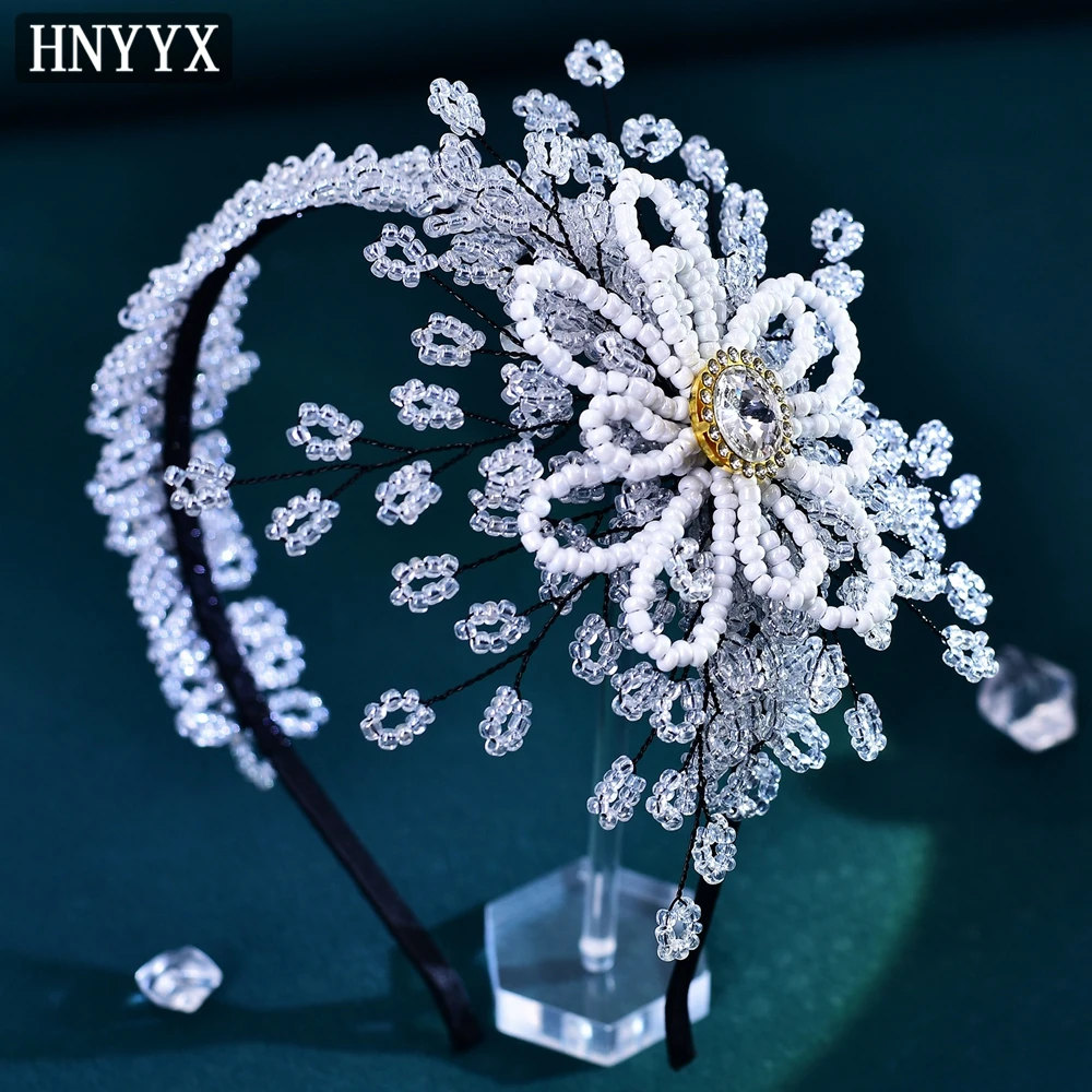 

HNYYX Luxury Handmade Headband Crystal Beaded Hair Accessories White Flower Headwear Party Headdress Wedding Hair Tiara A118