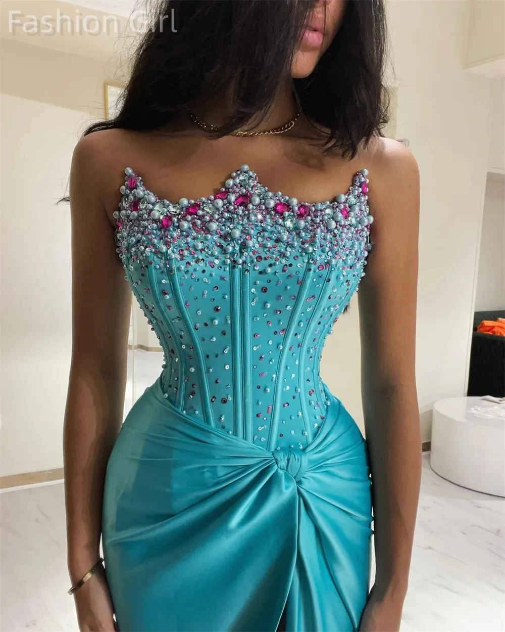 

2023 Mermaid Sparkle Crown Evening Dresses For Women Blue Satin Beaded Party Dresses Sequins Formal Prom Gowns Sexy Dress Made