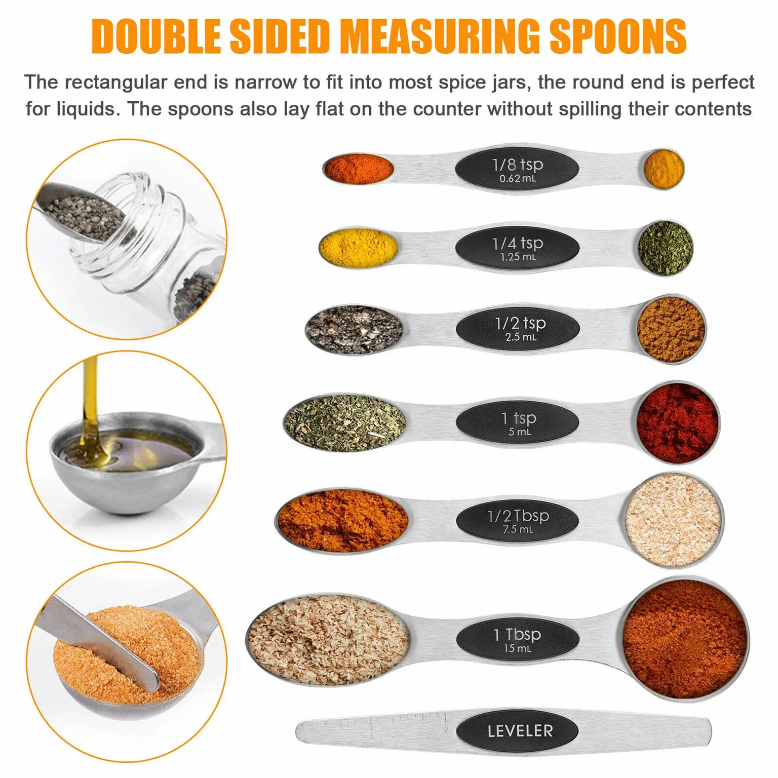 8PCS Magnetic Measurement Teaspoon Tablespoon for Dry and Liquid  Ingredients Stainless Steel Double Head Measuring Spoon