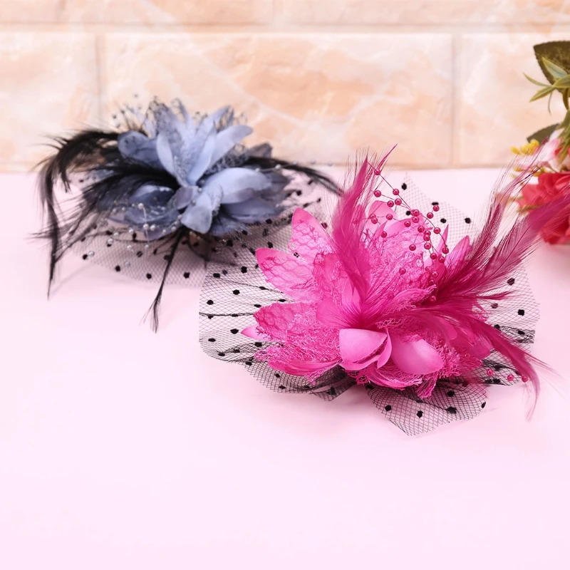 Hair Accessories Fashion Sexy Women Mesh Fascinator Cocktail Tea Party Hat Wedding Church Hair Clip with Feather Flower