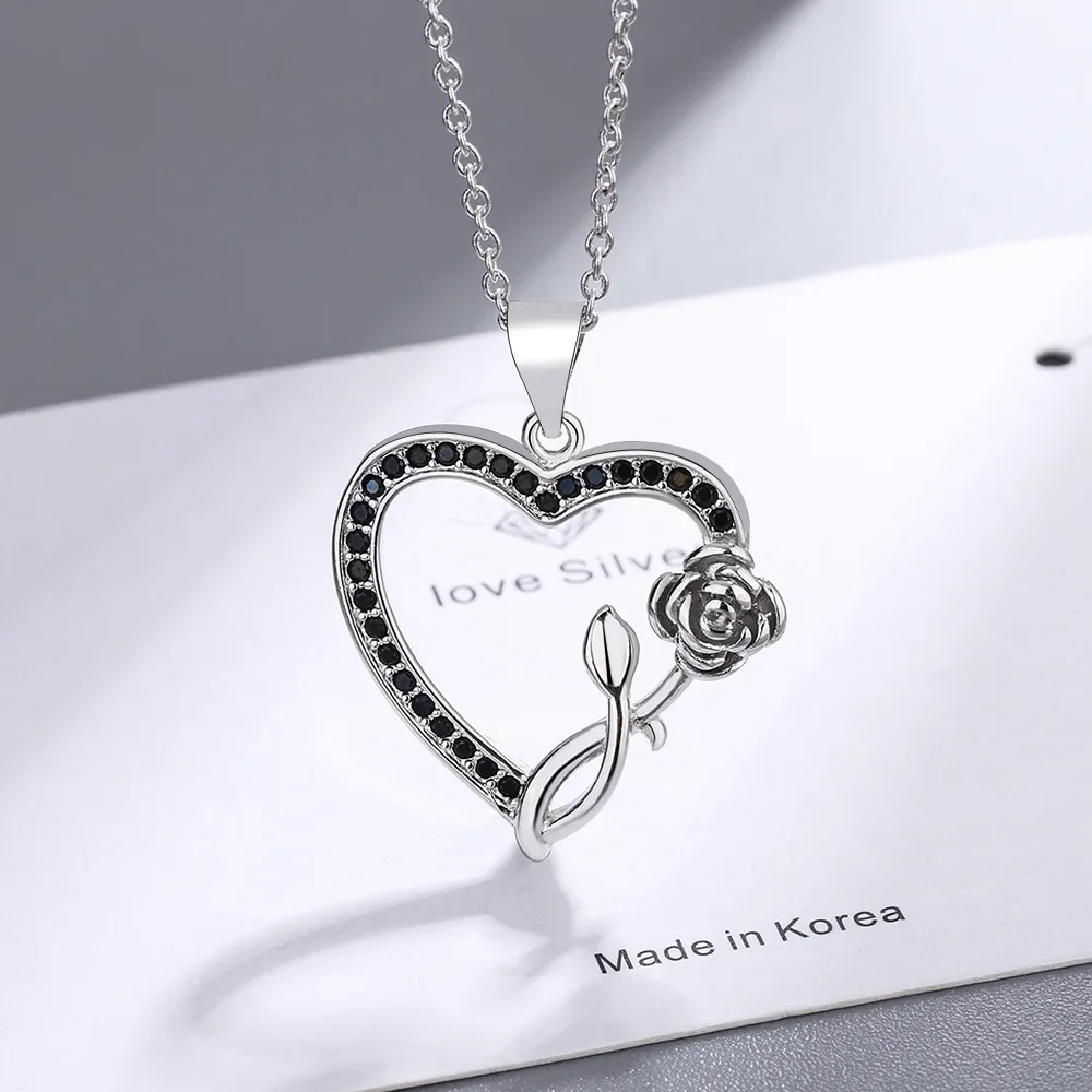 S925 Sterling Silver Heart Shape Rose Black Zirconia Pendant Necklace (40cm +5.0cm) Luxury Jewelry